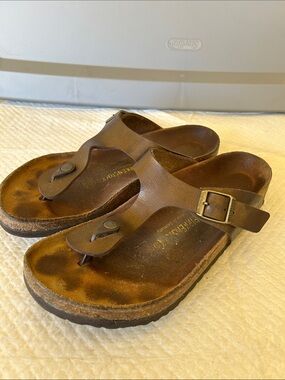 Birkenstock Brown Leather Toe-Post Sandals with Buckle